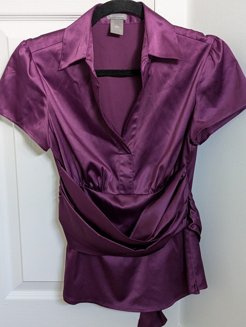 Anne Taylor Purple Satin Self Tie Wrap Blouse